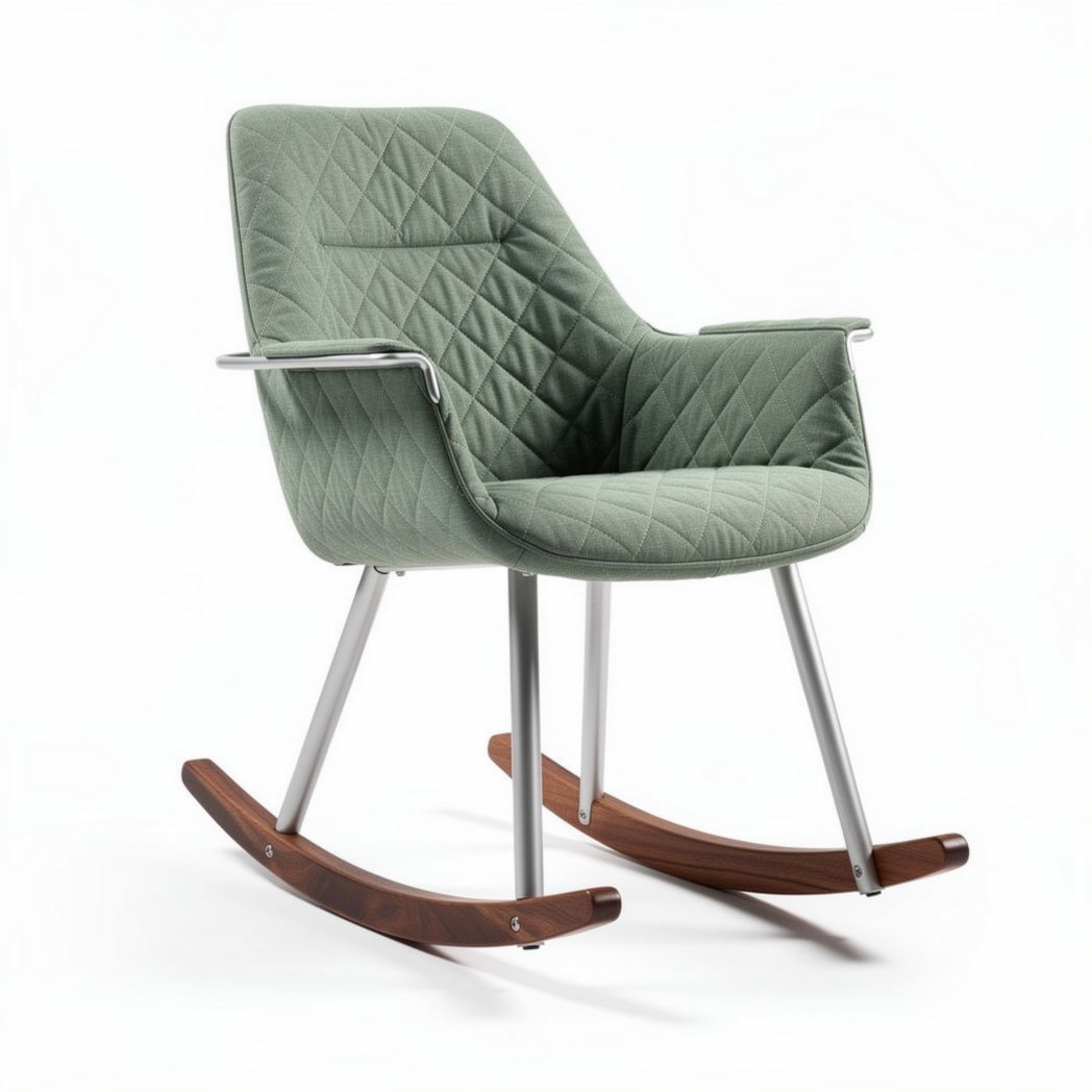 Fauteuil berçant en tissu matelassé vert avec structure en métal et bois 80 x 70 x 85cm