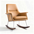 Fauteuil à bascule en cuir beige avec structure en acier inoxydable et accoudoirs en bois 80 x 70 x 90cm