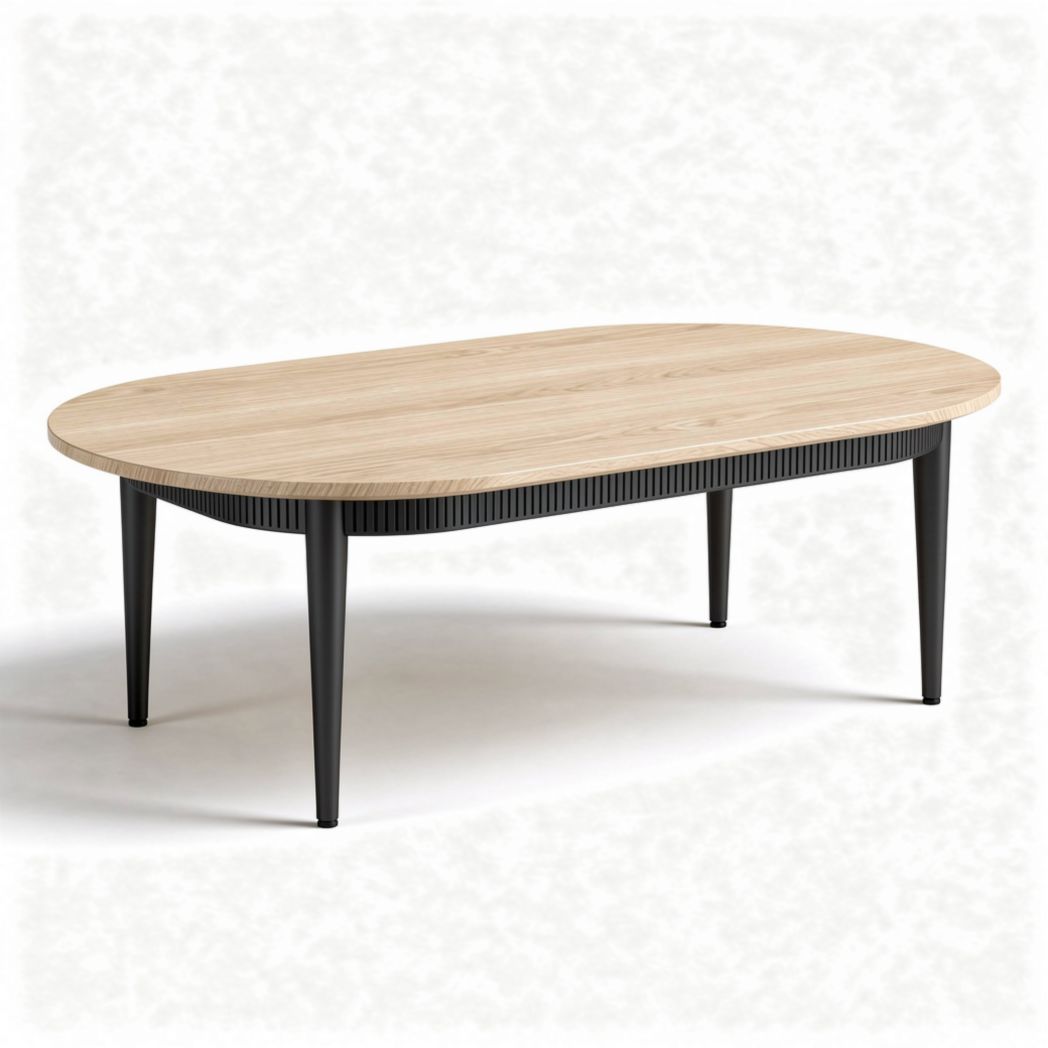 Table basse ovale en bois naturel avec pieds en métal noir 150 x 90 x 45cm