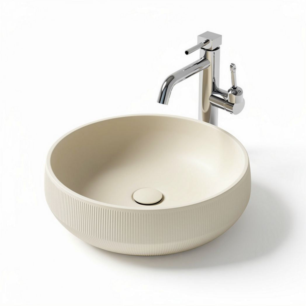 Lavabo rond en céramique beige avec robinet en chrome 40 x 40 x 15cm
