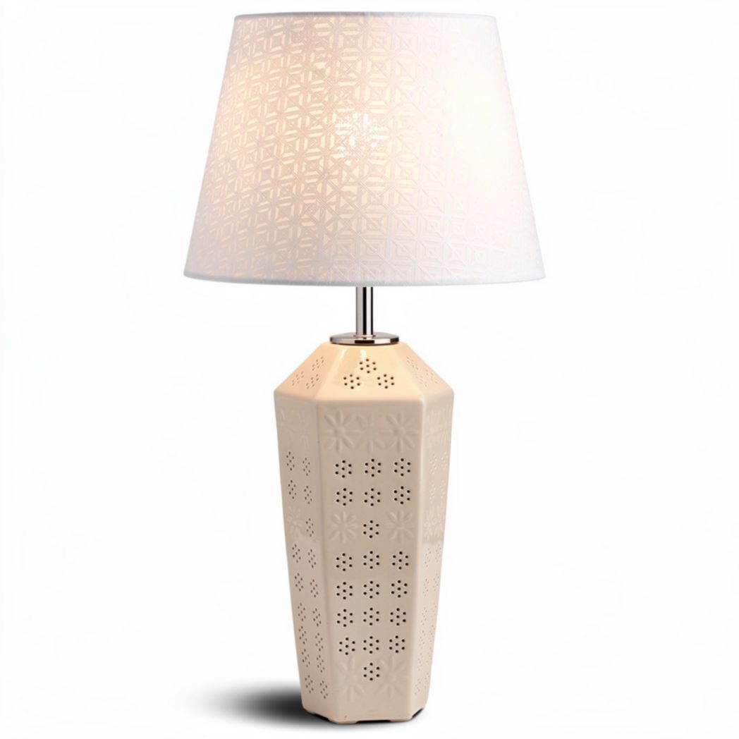 lampe de table en céramique de 25 x 25 x 55 cm avec abat-jour blanc en tissu